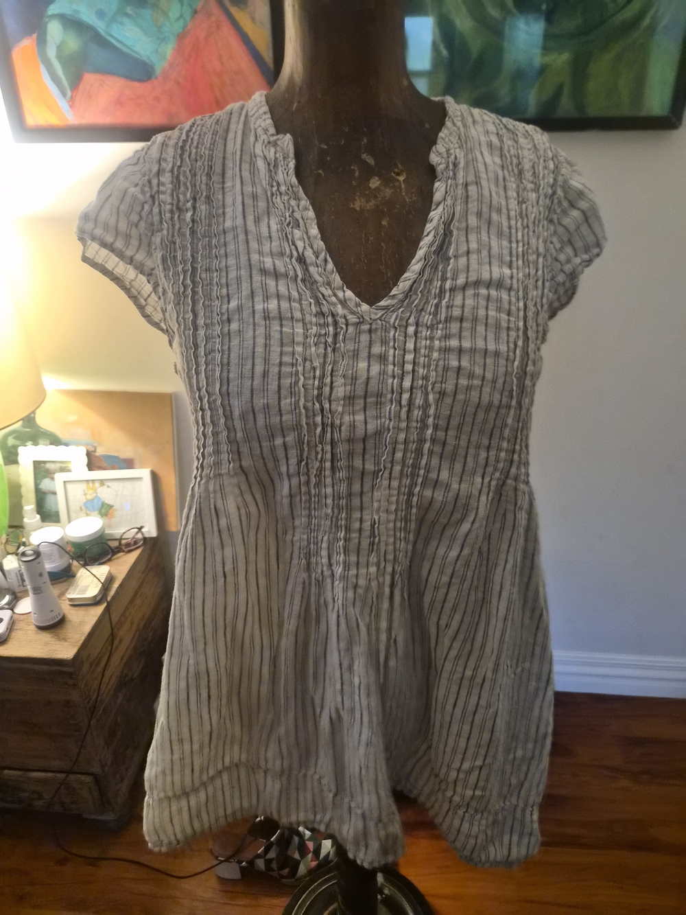 Free People Gray Striped Short Sleeve V-Neck Tunic